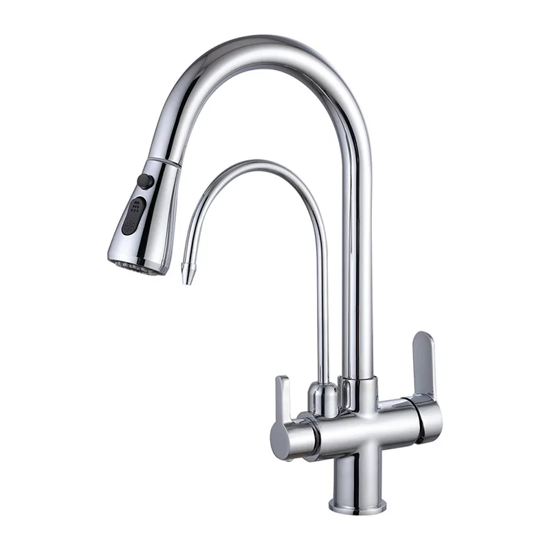 Modern Silver Double Outlet Pull Down Brass Dual Handle Kitchen 360 Degree Rotation Pure Water Purifier Mixer Faucet Taps