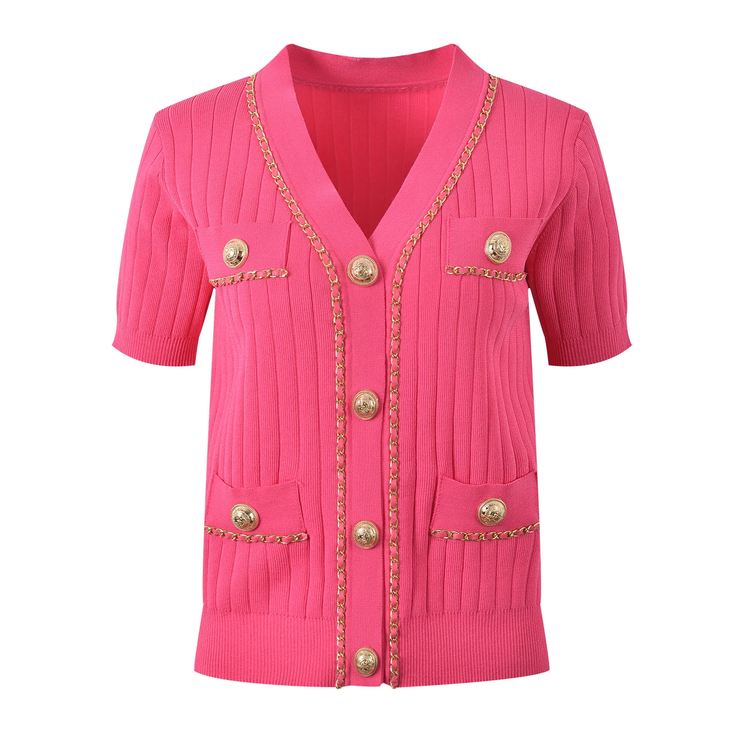 2024 Summer Lady Elegant Style V-neckline Short Sleeve Women Single-breasted Solid Chain Decoration Slim Fitted Knits Cardigan