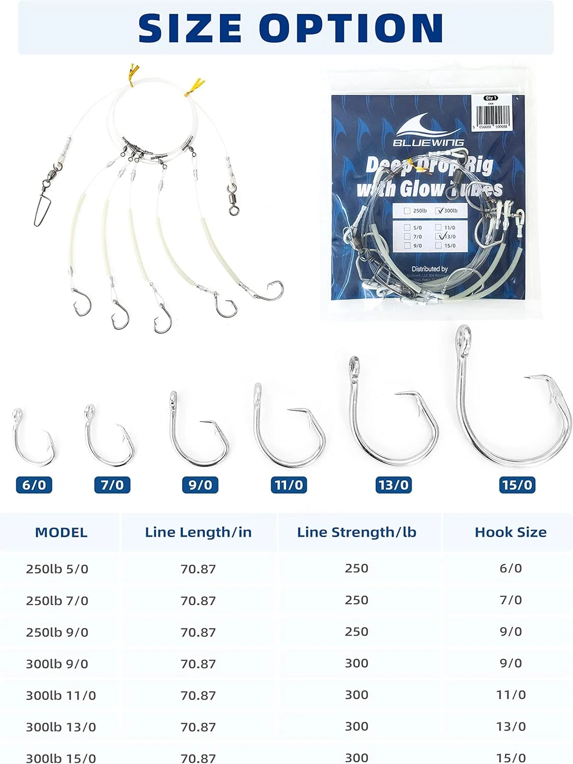 Fishing Deep Drop Rig 6/0 7/0 8/0 9/0 Circle Hooks with Glow Tubes 1pc Snapper, Tilefish Rig with Stainless steel Circle hook