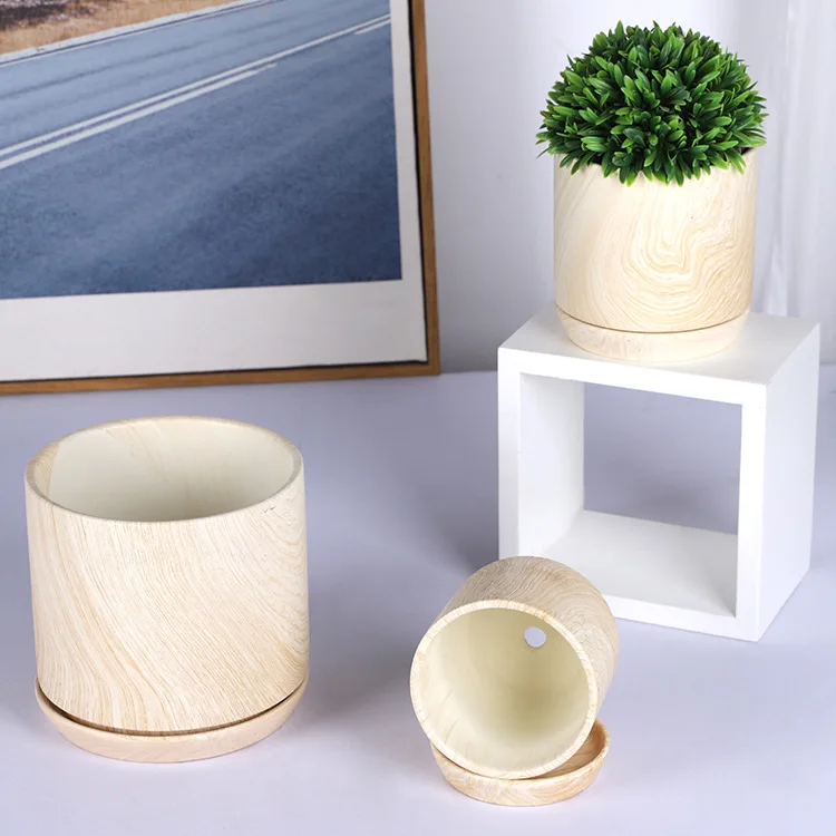 Modern Ceramic wood grain pot pot planting basin bottom perforated drainage belt with the same type of tray used for indoor