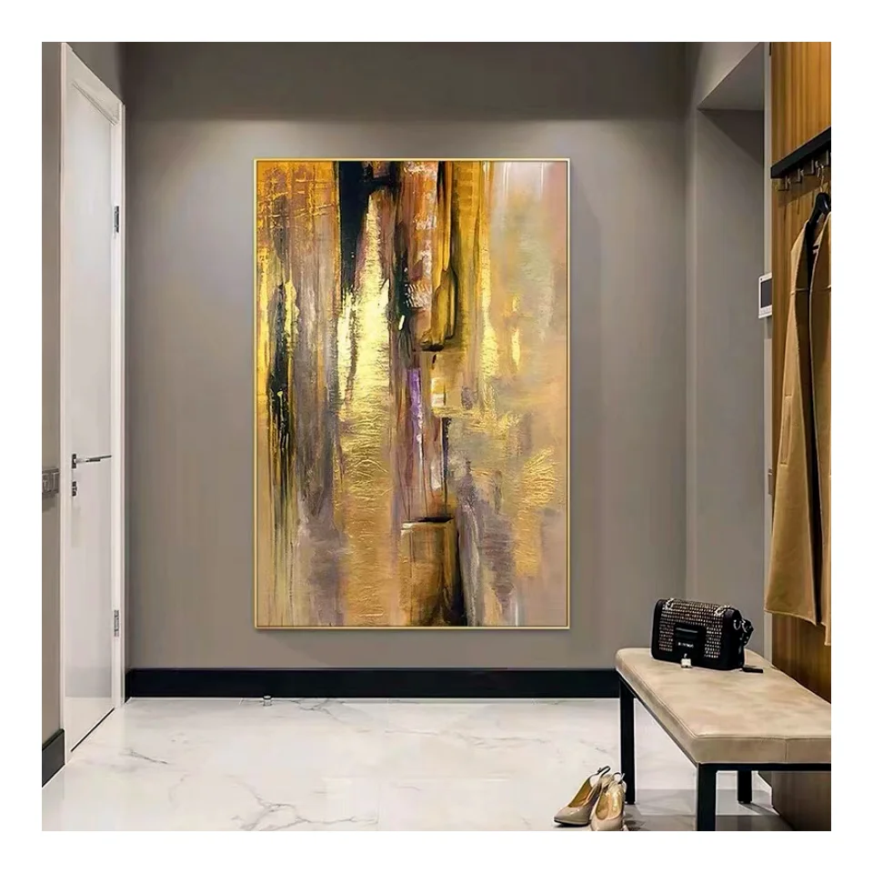 Modern Large Light Luxury Framed Textured Handmade Abstract Gold Canvas Oil Painting for Home Wall Art Living Room Decor