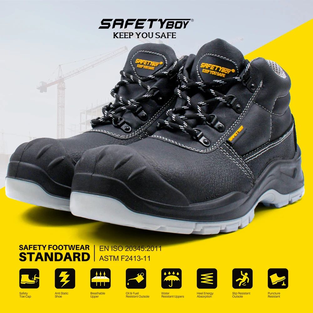 Black Leather Welding Work Boots SAFETYBOY YL1943N Reflective Strip Bottes de sécurité Anti-slip Steel Sole Safety Shoes