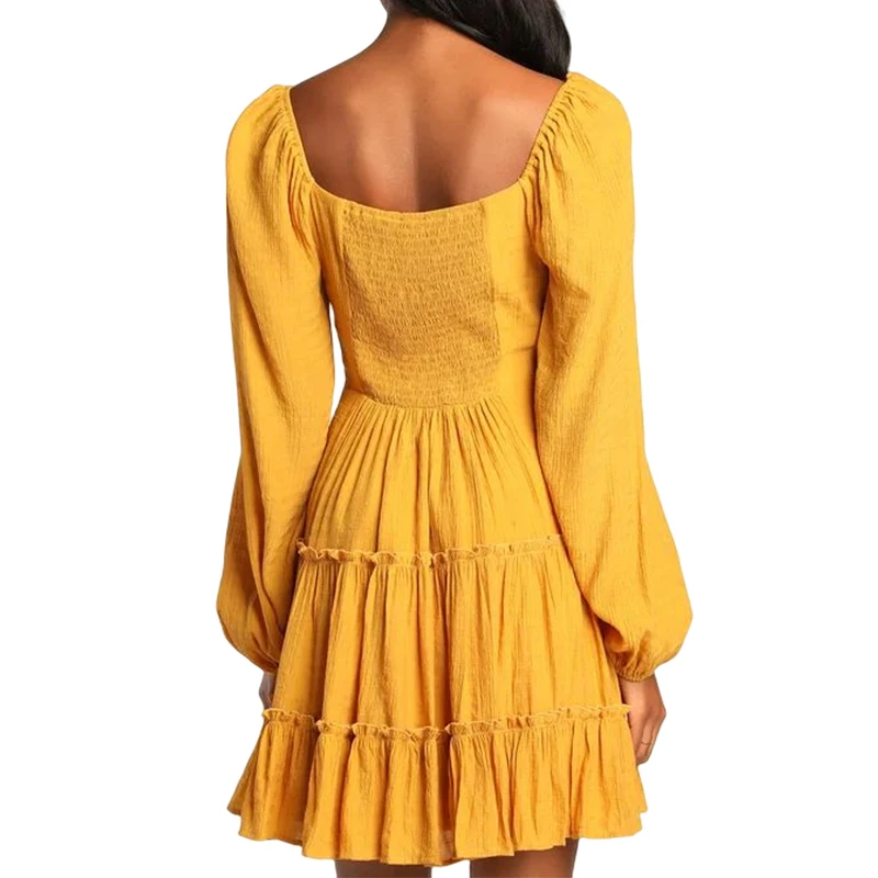 Tender Memories Yellow Tiered Ruffled Balloon Sleeve Mini dresses forwomen dress for ladies long sleeve dress