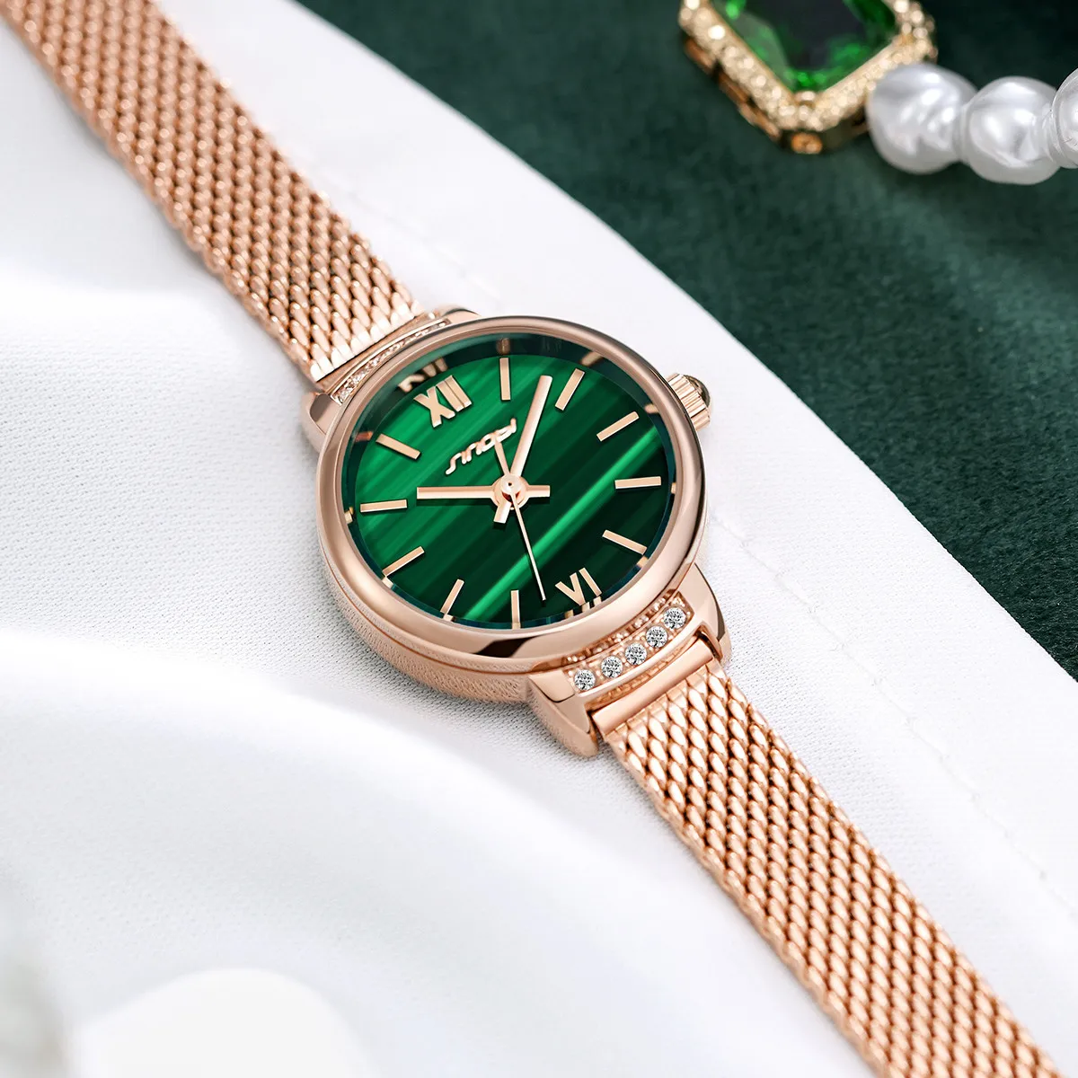 Rose Gold Mesh Elegant Lady Wrist Watch Little Green Dial Watch Charming Girls Watch S9853L