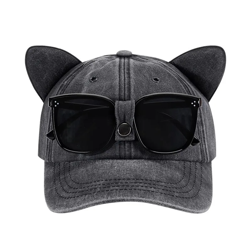 Washed Retro Pilot Glasses Baseball Cap Cat Ears Removable Sunglasses Peaked Hat Vintage Trendy Cool Girl Cap Wholesale