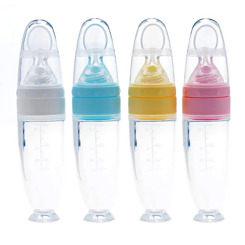 Multifunction High Quality Silicone  Squeeze Feeding Silicone Spoon Baby Feeding Bottle With Spoon 90ml