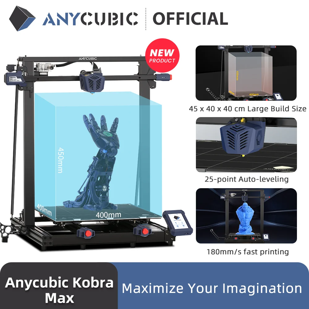 Anycubic Auto Leveling 0.4mm Nozzle Fdm Kobra Max 3d Printer for Diy Home School