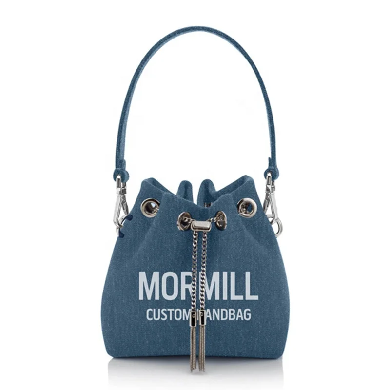 Trendy Drawstring Tassel Large Capacity Shoulder Vintage Bucket Bag Custom Denim Bags Women