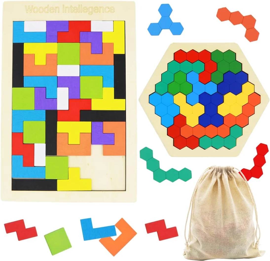 Puzzle Set for Kids - 2 Pack Brain Teaser Puzzles Activities 3D Animal Russian Blocks Toys for Kids & Adults Wooden Block Puzzle