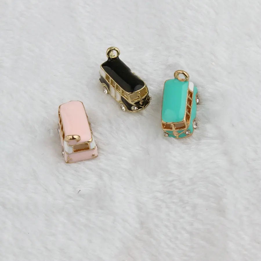 Lovely Bus Pendant Jewelry Accessories Rhinestone BRT Car Enamel Charms Gold Tone Oil Drop DIY Bracelet Floating