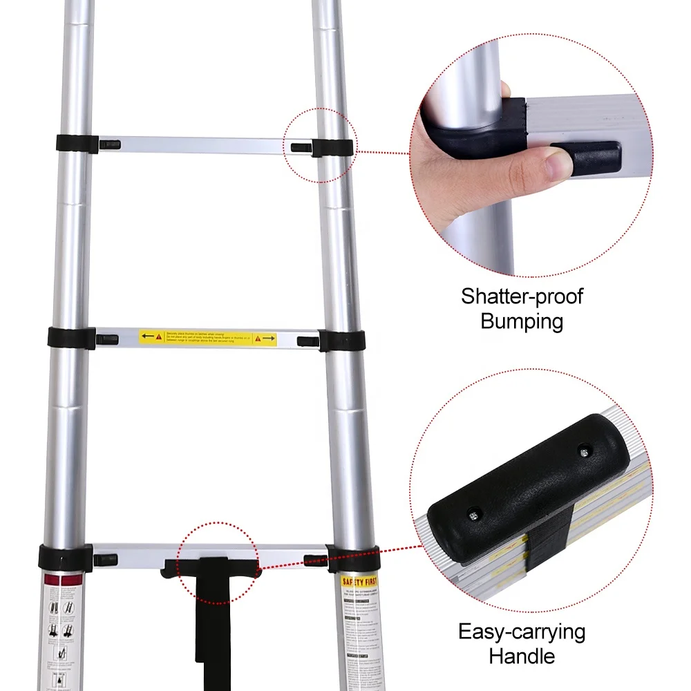 Durable EN131 Certificate 2M Length Telescopic Ladder Aluminum 550LBS Capacity Extension Multi-Purpose Folding Ladder