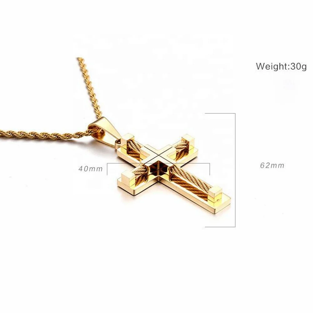 MECYLIFE 18K Gold Plated Hiphop Pendant Fashion Stainless Steel Christian Cable Wire Cross Necklace