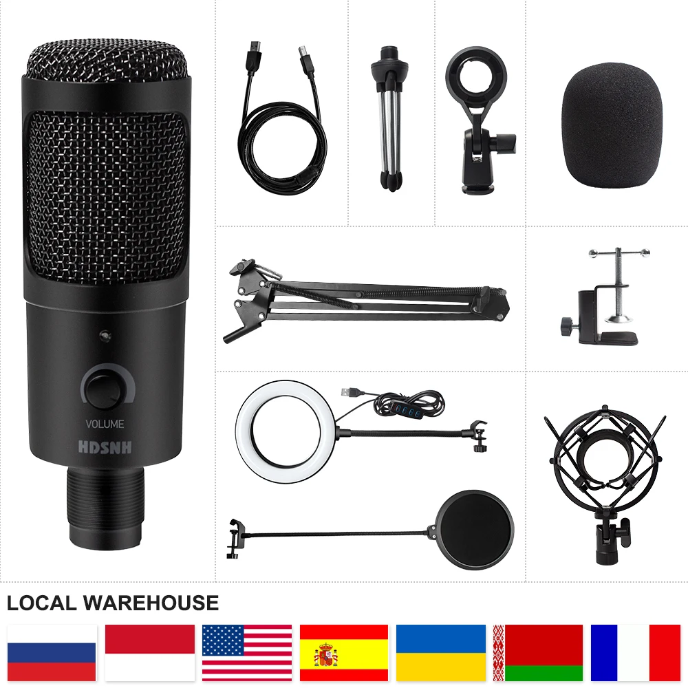 USB Microphone Condenser D80 Recording Microphone with Stand and Ring Light for PC Karaoke Streaming Podcasting for Youtube