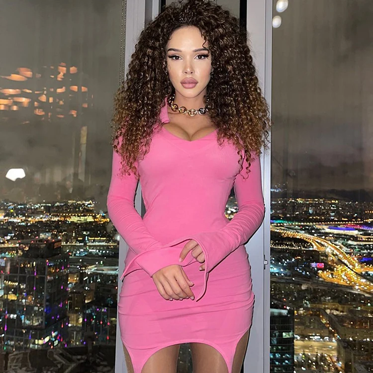 women  fashion sexy velvet long sleeve cut out mini dresses