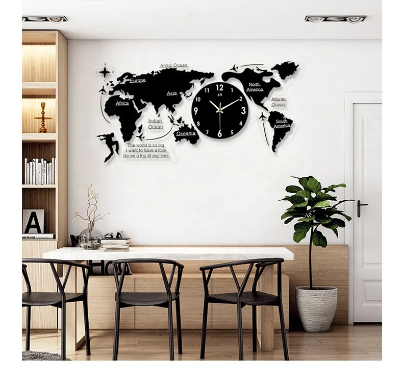 home office decor creative map design diy clear acrylic wall clock industrial