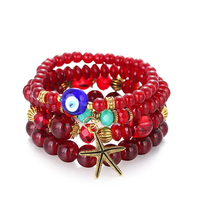 4Pcs/set Women Girl Elastic Starfish Evil Eyes Beads Bracelets Bohemian Ocean Style Resin Natural Stone