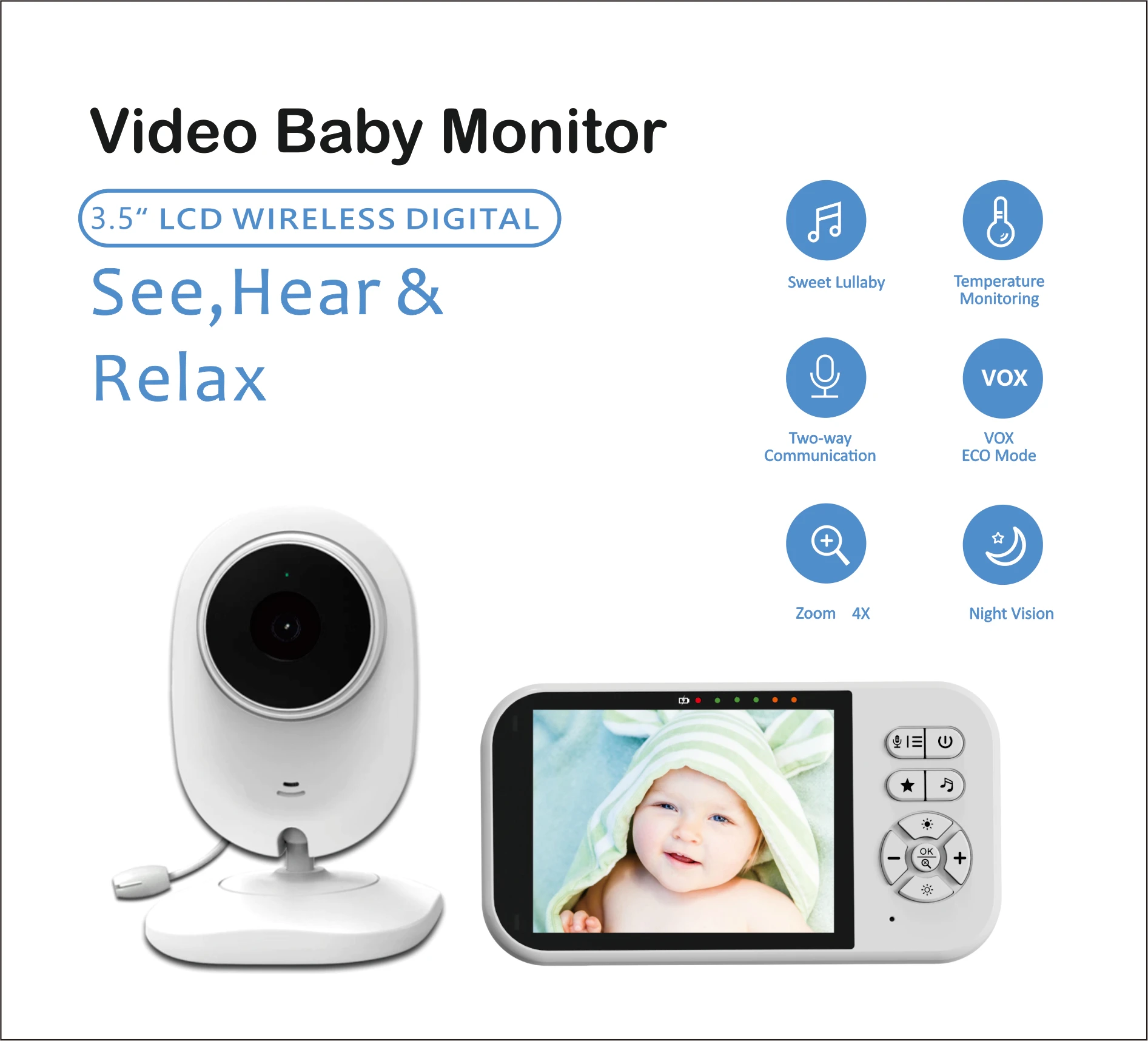 Low price hot video audio baby monitor with temperature and night vision function