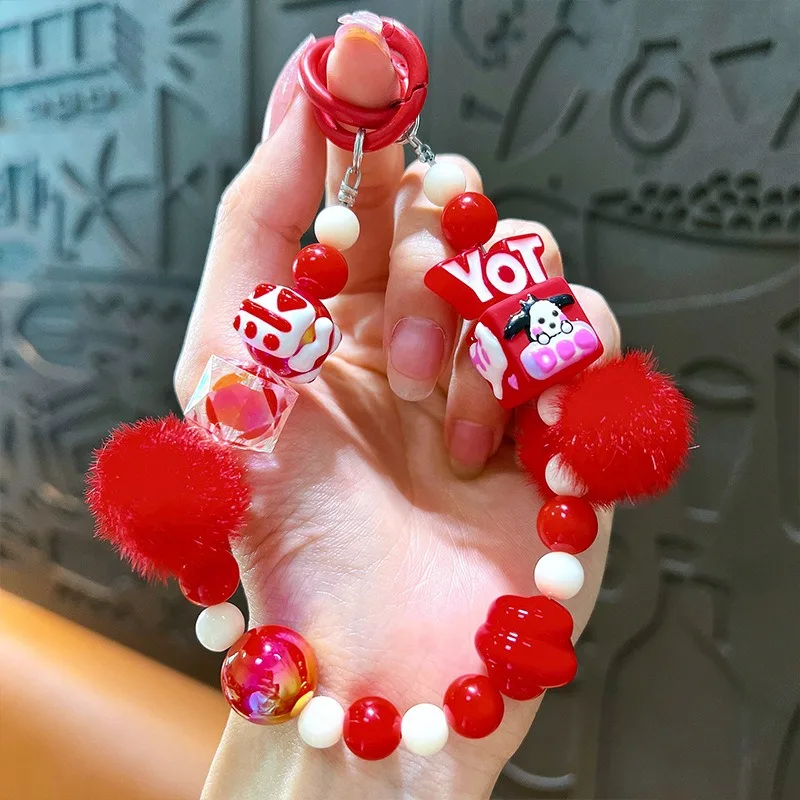 Fashion Creative Hand Drawn Doll Letters Fluff Ball Beads Phone Chain Bag Hanging Accessories Headphone Bracelet Beaded Keychain