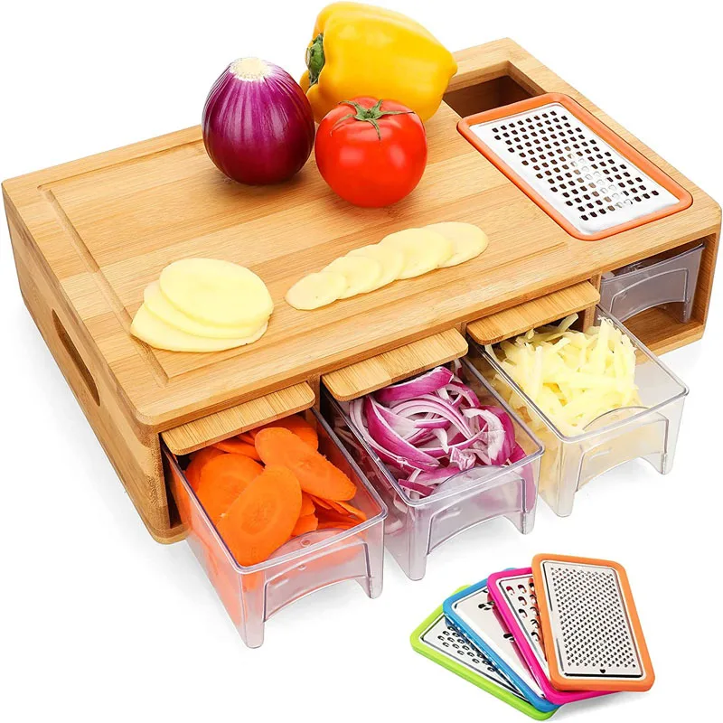 Bamboo Cutting Board with Containers Wood Chopping Board with Stackable Trays Vegetable Shredders