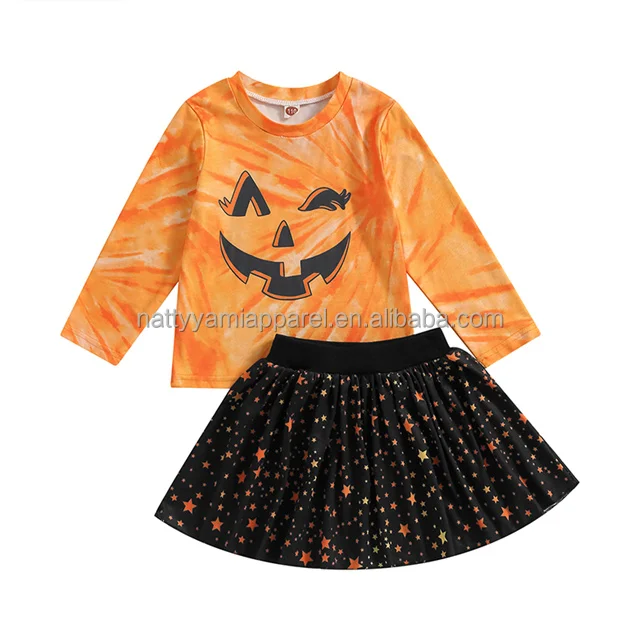 Long Sleeve Pumpkin Face Print Tops Mini Skirt Toddler Halloween Kids Girls Two Pieces Set