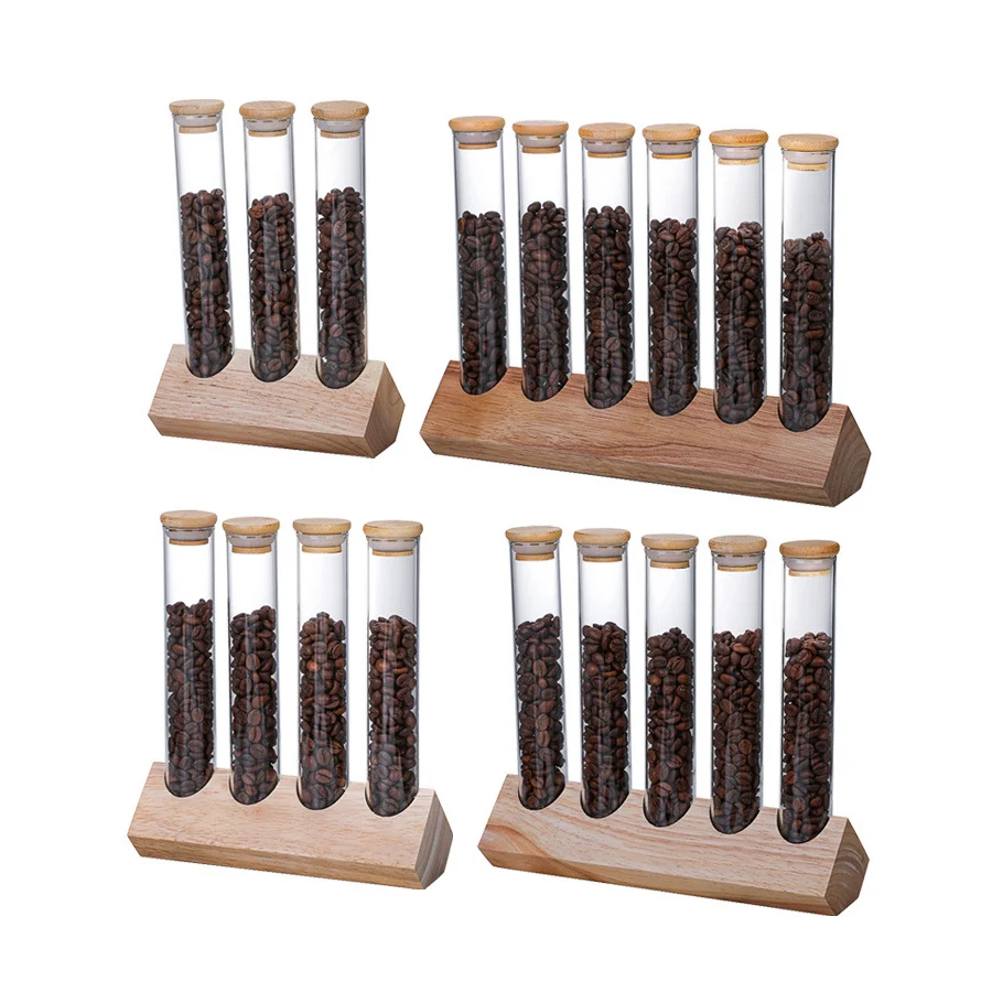 Glass Coffee Beans Storage Tubes Glass Jars with Airtight Lid with Wooden Base for Coffee Beans Tea Cereals