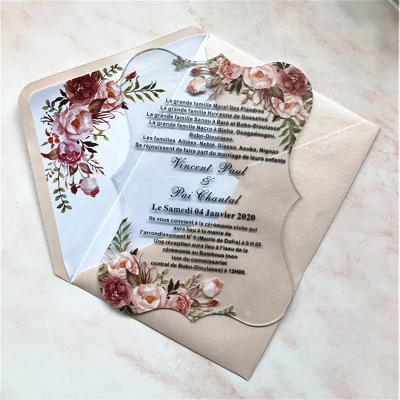 Роскошный прозрачный Элегантный цветочный узор на заказ акриловая Свадебная пригласительная карта