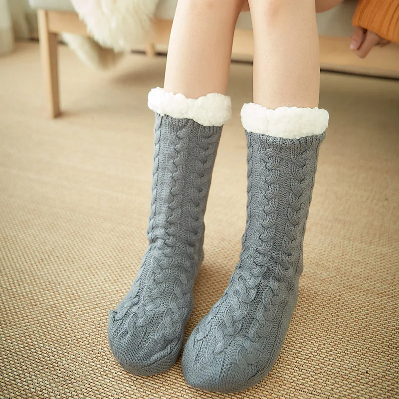 JHR216 Christmas new year warm fuzzy cozy cotton socks soft sock fleece lining knit non slip thick winter