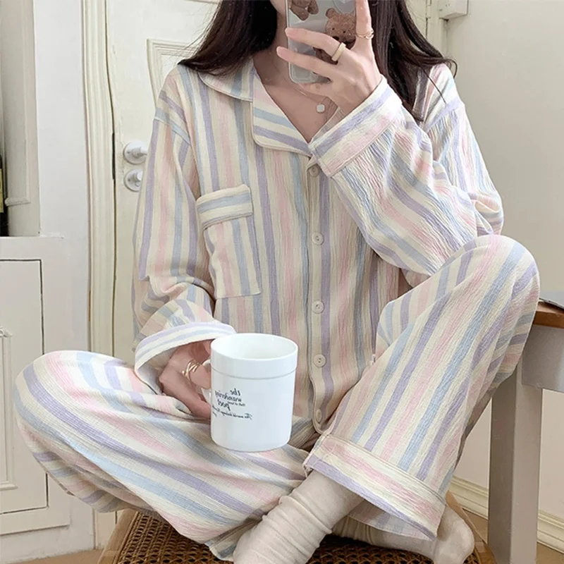 Custom 2 Piece Ladies Sleepwear Pyjama Sets Girl Casual Long Sleeve Daily Striated  Pure Gauze Cotton Pajamas For Women