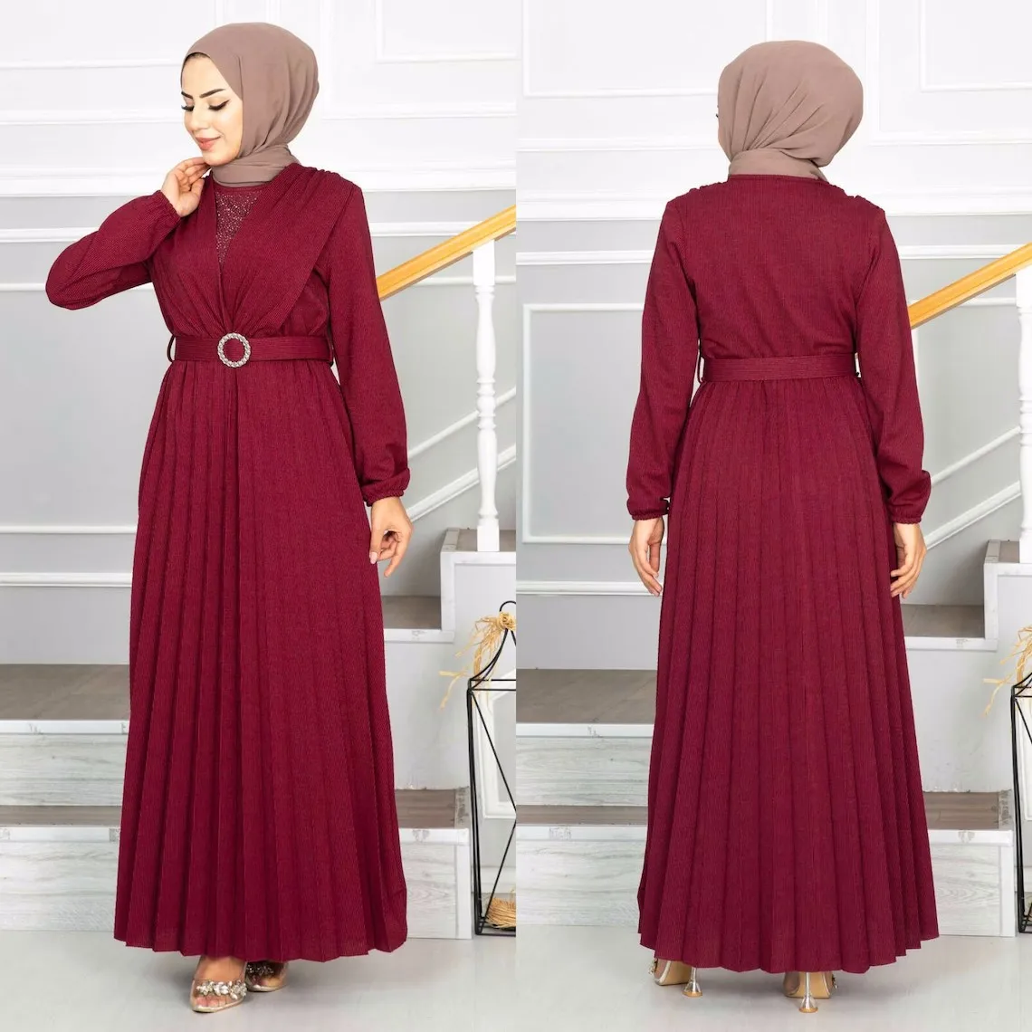 Hot sale high quality fashion womens long sleeves bel pleated islamic clothing muslim dresses
