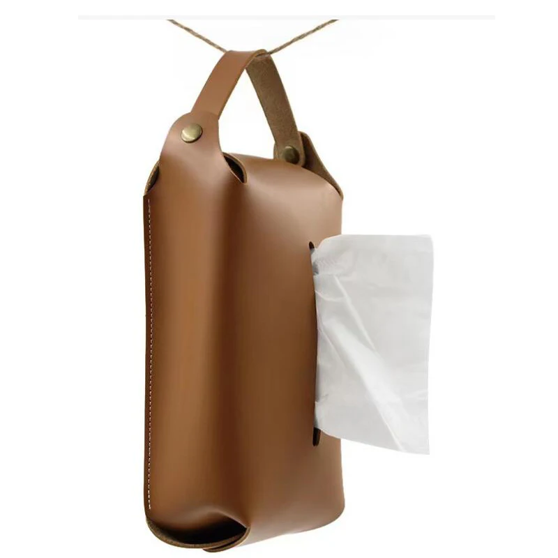 Factory Made Wholesale PU Leather Tissue Box Cover With Detachable Handle Hanging Paper Tissue Mask Box Holder For Car