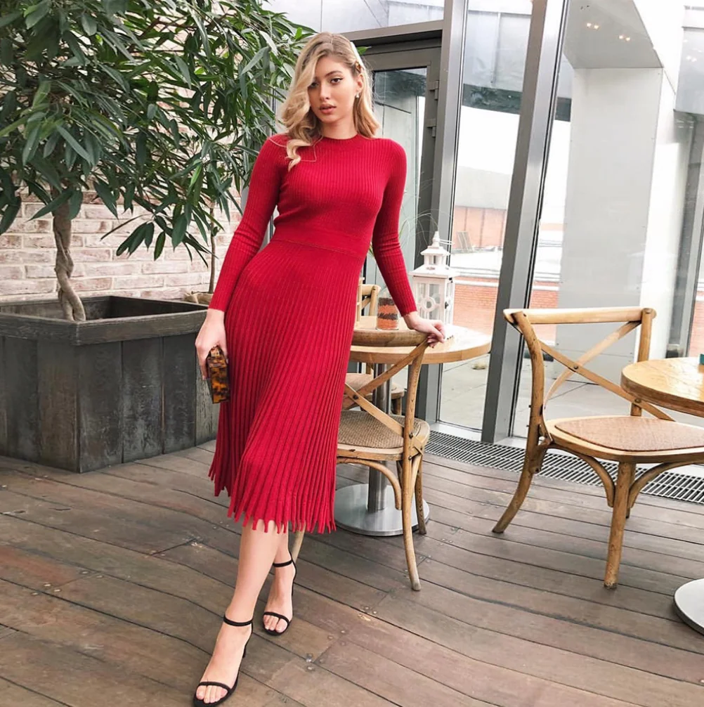 2023 New Arrival knitwear winter thick warm long sweater skirt women knit split sweater dresses ribbed sweater dresses for women