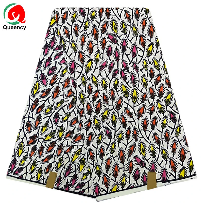 Queency 100%Cotton African Printing Wax Fabric White Real Great Wax Fabric in Ethnic Leaf Patterns