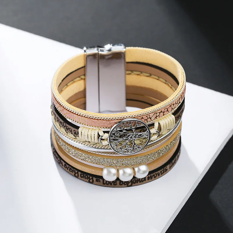 Wholesale Copper Tube Magnetic Buckle Multilayer Life Tree Leather Bracelet Jewelry For Women