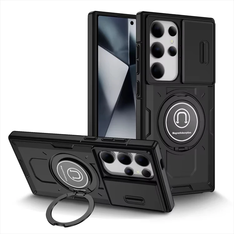 For Samsung S24 Ultra Car Magnetic Ring Stand Holder Phone Case for Galaxy S25 S23 S22 Plus S21 FE Slide Camera Armor Back Cover