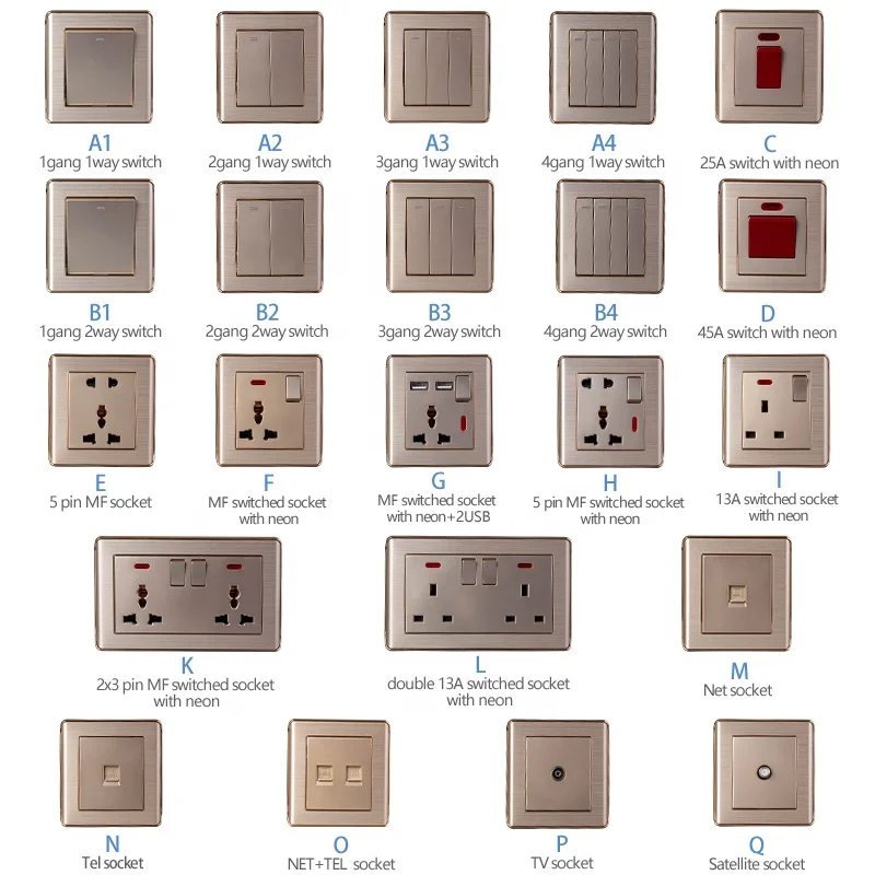 UK/EU Standard Wall Push Button Light Switch 16A Aluminium Sockets And Switches Electrical With Child Protection