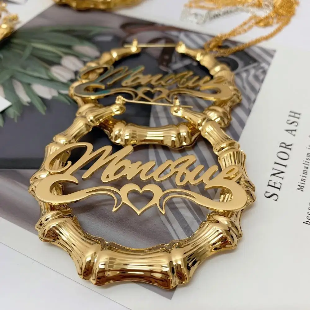 Hot Sale Customized Name Bamboo Large Hoop Earring Stainless Steel Circular Heart Big Hoop Earrings for Women