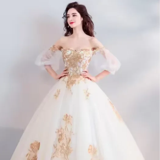 Fairy Temperament Golden Three-dimensional Bead Embroidery Bridal Perspective Lantern Sleeve Wedding Dress