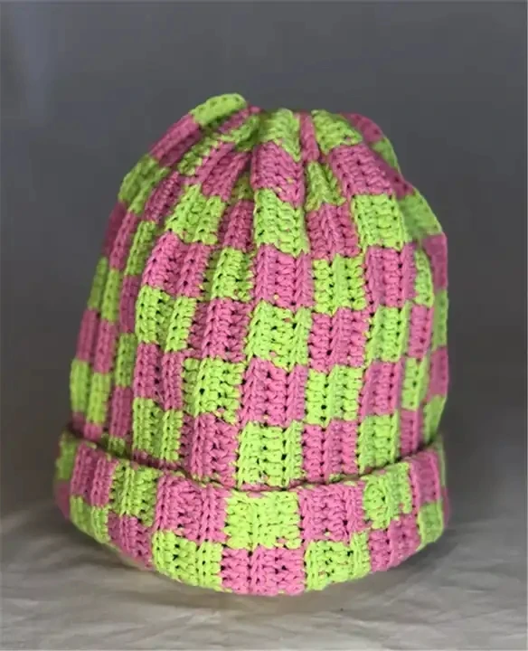 Fashion 2023 Winter Thick Crochet Knitted Cuffed Beanie Caps Handmade Checkered Beanie Hats for Women Men