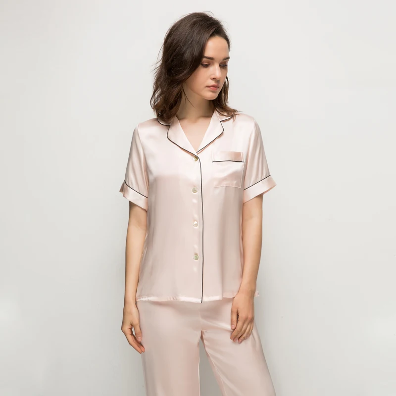 
100% pure mulberry silk Women Pajamas Set Notch Collar Soft Sleepwear Pjs Short Sleeve Button Down Nightwear with Long Pants 