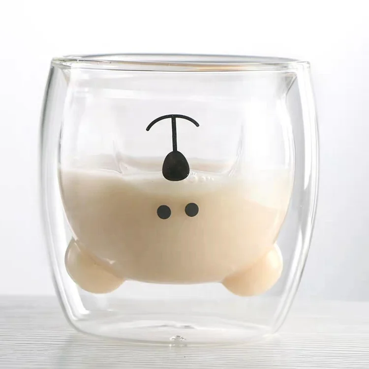 Amazon Hot Sell Hand Blown Double Wall Insulated Thick Tumblers Cute Bear Shaped Coffee Glass Cup