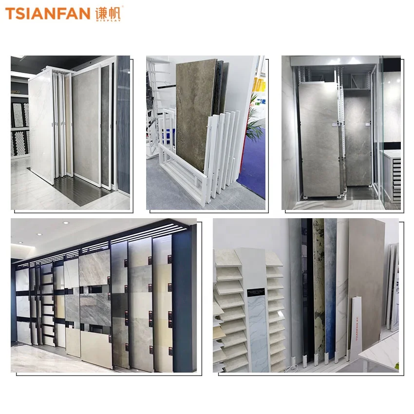 China manufacturer tile holder garden floor stone display rack plated steel tiles horizontal pull slab push tile display rack