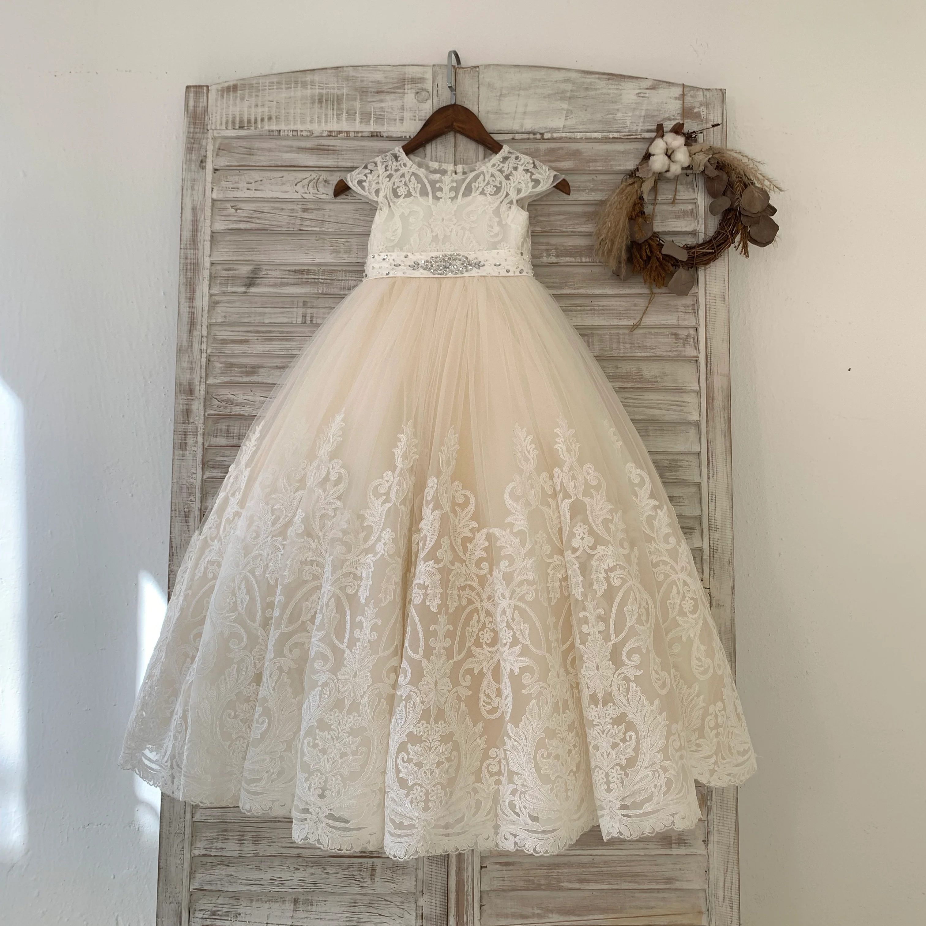 Ivory Lace Champagne Tulle Wedding Flower Girl Dress Kid Birthday Party Dress Couture Ball Gown Dress
