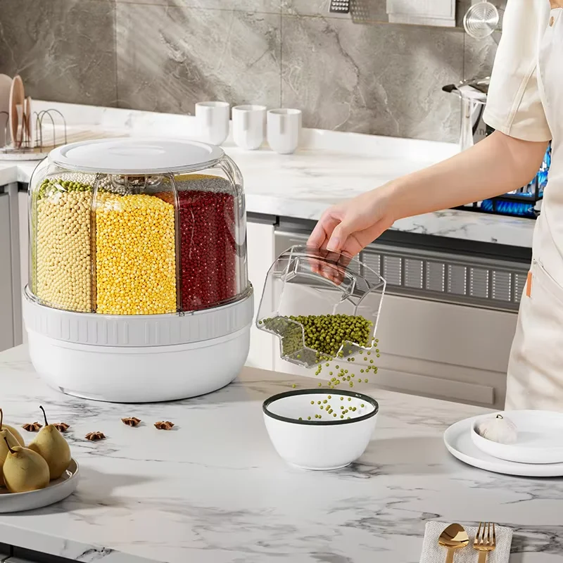JUMEIJIA Kitchen Dry Food Grain Cereal Dispenser 6 Grid Automatic Rotating Rice Dispenser