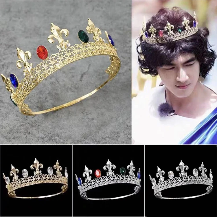 Retro baroque  gold crown large full round diamond prince king men crown for Wedding Cosplay Prom Party