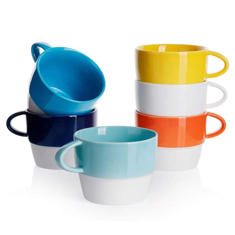 Porcelain Latte Cups - Stackable Coffee Cups - 10 Ounce for Specialty Coffee Drinks, Cappuccino, Cafe Mocha and Tea - Set of 6