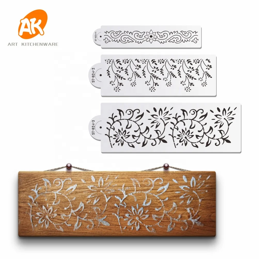 AK 3pcs Flower Cake Lace Stencils Set Custom Royal Icing Airbrush Craft stencil Plastic Drawing Template ST-824
