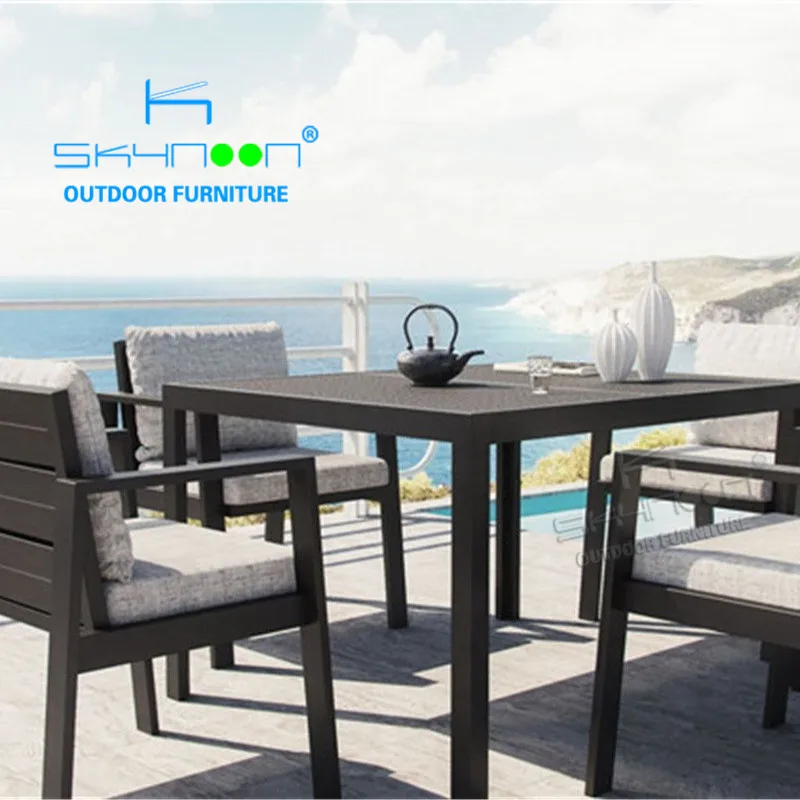 High quality new arrival European patio furniture black aluminum chair table stackable garden dining set with 8 chairs(31020)