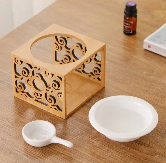 Tealight Candle Wax Fragrance Aromatherapy Wood Incense Burner,Ceramic Bamboo Candle Wax Warmer Holder