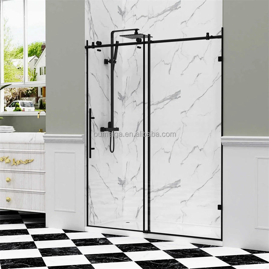 Oumeiga Customized 8/10mm Thick Tempered Glass Shower Doors for Hotels Framed Glass with Brushed Finish Custom Graphic Design