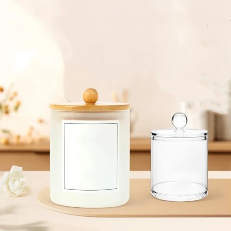 Frosted Glass Holder Apothecary Jars with Bamboo Lid Bathroom Dispenser Storage jars for Cotton Swabs Round Pads Floss